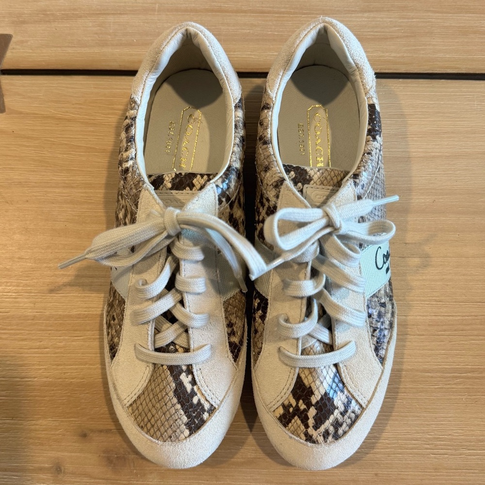 NWOT Coach Reina Suede Sneakers with Snakeskin Design Size 7.5M in Tan and Brown